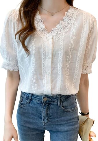 LAI MENG FIVE CATS Women's V Neck Lace See Through Elegant Blouse Short Sleeve Tops Shirts in Saudi Arabia