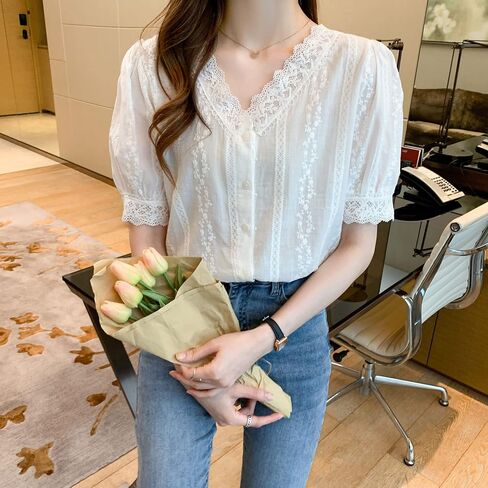 LAI MENG FIVE CATS Women's V Neck Lace See Through Elegant Blouse Short Sleeve Tops Shirts in Saudi Arabia
