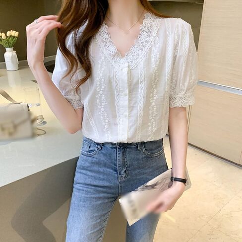 LAI MENG FIVE CATS Women's V Neck Lace See Through Elegant Blouse Short Sleeve Tops Shirts in Saudi Arabia
