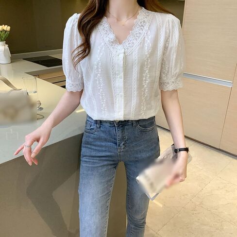 LAI MENG FIVE CATS Women's V Neck Lace See Through Elegant Blouse Short Sleeve Tops Shirts in Saudi Arabia