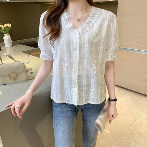 LAI MENG FIVE CATS Women's V Neck Lace See Through Elegant Blouse Short Sleeve Tops Shirts in Saudi Arabia