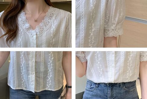 LAI MENG FIVE CATS Women's V Neck Lace See Through Elegant Blouse Short Sleeve Tops Shirts in Saudi Arabia