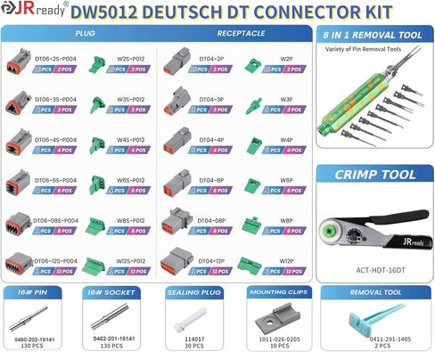 JRREEDY DW5011 DEUTSCH CONNECTOR KIT - DT CONNERSORS 2 3 4 6 PIN ، حجم 16# جهات الاتصال الصلبة 13-20 ، أداة Deutsch Crimp ، أداة إزالة دبوس Deutsch. موصلات السيارات المقاومة للماء in Kuwait
