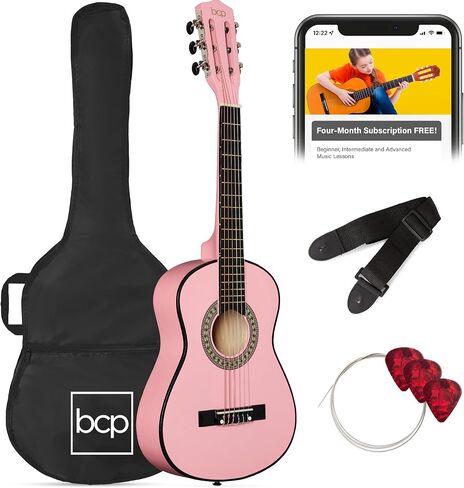 Best Choice Products 30in Kids Acoustic Guitar, All-in-One Beginner Starter Kit w/Strap, Case, Extra Strings, Rosette Inlay - Pink in Kuwait
