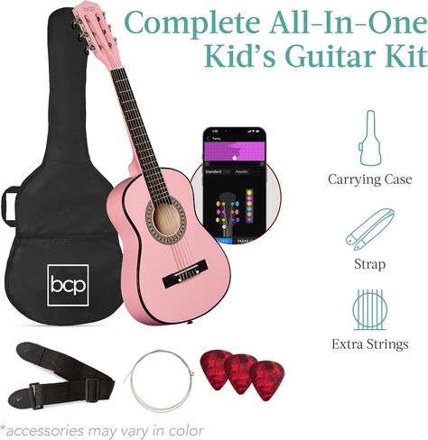 Best Choice Products 30in Kids Acoustic Guitar, All-in-One Beginner Starter Kit w/Strap, Case, Extra Strings, Rosette Inlay - Pink in Kuwait