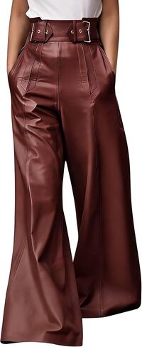 oshoplive Women's Faux Leather Pants PU High Waist Wide Leg Pants with Pockets Pleated Going Out Flare Trousers in Kuwait