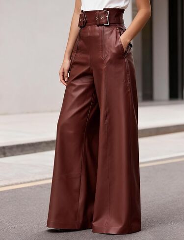 oshoplive Women's Faux Leather Pants PU High Waist Wide Leg Pants with Pockets Pleated Going Out Flare Trousers in Kuwait