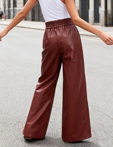 oshoplive Women's Faux Leather Pants PU High Waist Wide Leg Pants with Pockets Pleated Going Out Flare Trousers in Kuwait