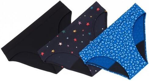 THINX Teens Period Underwear, Bikini-Style Period Panties for Teens, Holds Up to 12 Regular Tampons*, FSA HSA Approved Period Panties, Leakproof & Reusable, (2) Black + (1) Lucky Stars, Size 9/10 in Kuwait