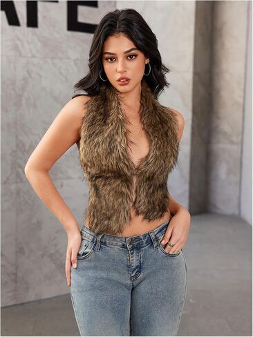 MakeMeChic Women's Fuzzy Faux Fur Halter Top Sleeveless Tie Backless Going Out Tops Cowboy Chic Outfits in Saudi Arabia