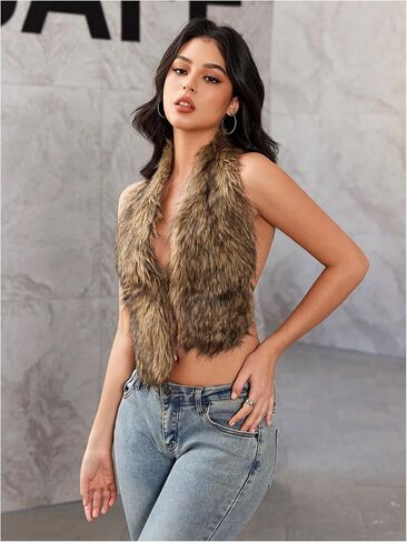 MakeMeChic Women's Fuzzy Faux Fur Halter Top Sleeveless Tie Backless Going Out Tops Cowboy Chic Outfits in Saudi Arabia