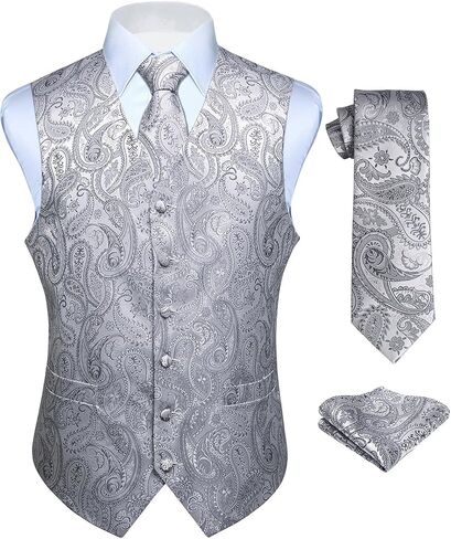 Enlision Mens Vest Tie Set Paisley Vest and Necktie Pocket Square 3pc Formal Dress Waistcoat for Suit or Tuxedo in Kuwait