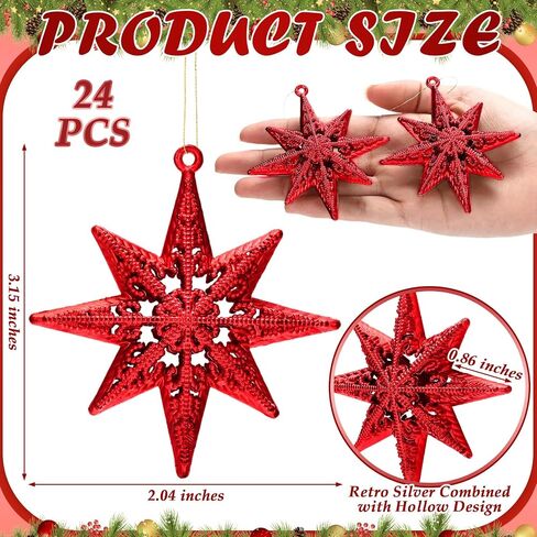 Civaner 24 Pcs Christmas Decoration Bethlehem Star Ornament for Christmas Tree 8 Point Silver Glitter Star Ornaments 3D Hollow Silver Glitter Stars Hanging Pendant for Decoration Xmas Party in Saudi Arabia