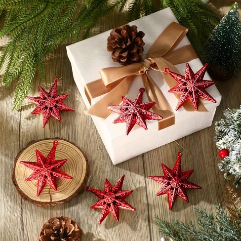 Civaner 24 Pcs Christmas Decoration Bethlehem Star Ornament for Christmas Tree 8 Point Silver Glitter Star Ornaments 3D Hollow Silver Glitter Stars Hanging Pendant for Decoration Xmas Party in Saudi Arabia