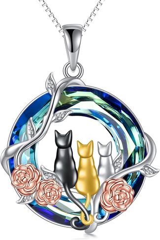 TOUPOP Cat Gifts for Cat Lovers 1 2 3 Cats Necklace 925 Sterling Silver Rose Flower Blue Crystal Jewelry Birthday Christmas Gifts for Women Her Mom in Saudi Arabia