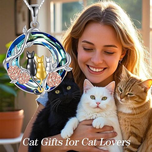 TOUPOP Cat Gifts for Cat Lovers 1 2 3 Cats Necklace 925 Sterling Silver Rose Flower Blue Crystal Jewelry Birthday Christmas Gifts for Women Her Mom in Saudi Arabia