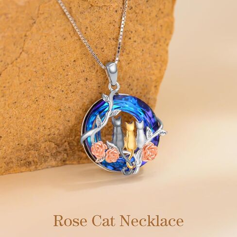 TOUPOP Cat Gifts for Cat Lovers 1 2 3 Cats Necklace 925 Sterling Silver Rose Flower Blue Crystal Jewelry Birthday Christmas Gifts for Women Her Mom in Saudi Arabia