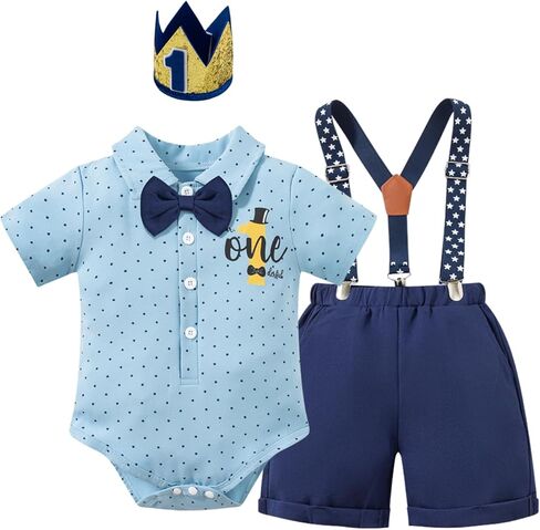 bakjuno 1st Birthday Outfit Boy Mr Onederful First Birthday Bowtie Romper + Suspender Shorts+ Party Hat Cake Smash Outfits in Kuwait