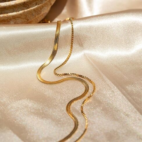 Herringbone Gold Necklace for Women Non Tarnish 14k Gold Plated Layered Necklaces Simple Dainty Gold Chain Thin Trendy Choker Snake Necklace Gold Jewelry for Women Gift14 /16/ 18inch in Kuwait