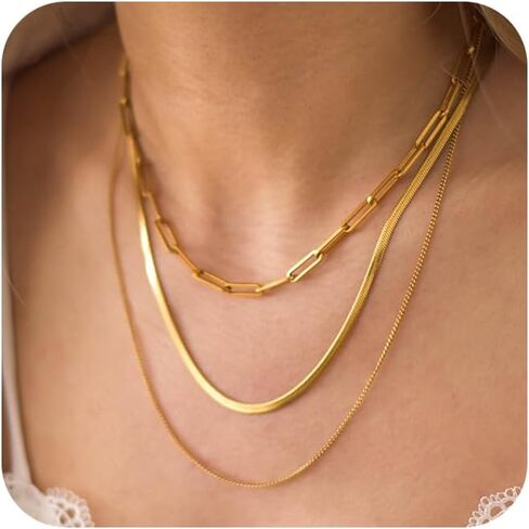 Herringbone Gold Necklace for Women Non Tarnish 14k Gold Plated Layered Necklaces Simple Dainty Gold Chain Thin Trendy Choker Snake Necklace Gold Jewelry for Women Gift14 /16/ 18inch in Kuwait