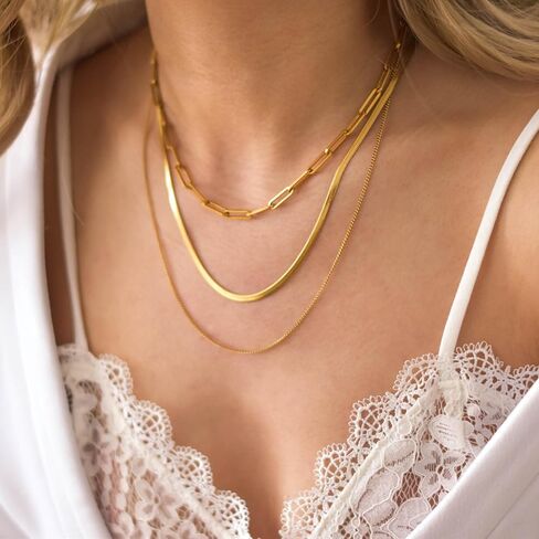 Herringbone Gold Necklace for Women Non Tarnish 14k Gold Plated Layered Necklaces Simple Dainty Gold Chain Thin Trendy Choker Snake Necklace Gold Jewelry for Women Gift14 /16/ 18inch in Kuwait