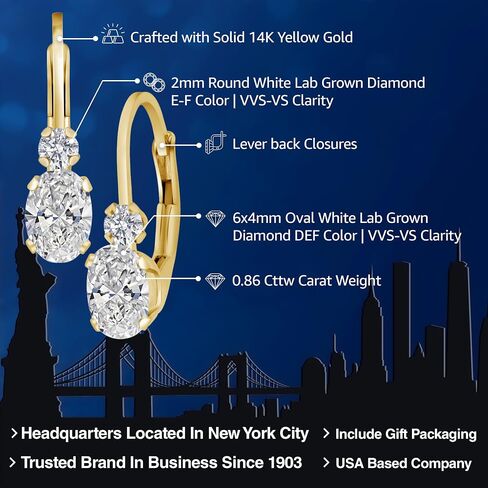 Gem Stone King 14K Gold White Lab Grown Diamond Leverback Earrings For Women | 0.86 Cttw | Oval 6X4MM and Round 2MM | DEF Color | VVS-VS Clarity | 3/4 Inch in Saudi Arabia