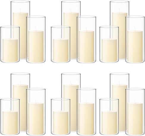 Shihanee 36 Pcs Pillar Candles and Glass Cylinder Vases Tall Cylinder Holders for Pillar Candles Wedding Centerpieces, Total 18 Sets(3.4'' X 4.7", 7", 9.8",Clear,Ivory White) in Saudi Arabia