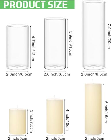 Shihanee 36 Pcs Pillar Candles and Glass Cylinder Vases Tall Cylinder Holders for Pillar Candles Wedding Centerpieces, Total 18 Sets(3.4'' X 4.7", 7", 9.8",Clear,Ivory White) in Saudi Arabia