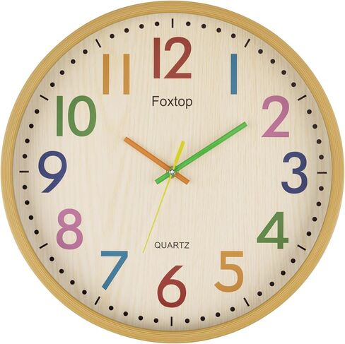 Foxtop Silent Kids Wall Clock Non-Ticking Battery Operated Colorful Childrens Clock for Classroom Playroom Nursery Bedrooms Kids Room (3D Numbers, 12 inch) in Kuwait
