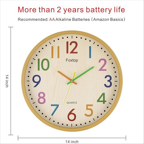 Foxtop Silent Kids Wall Clock Non-Ticking Battery Operated Colorful Childrens Clock for Classroom Playroom Nursery Bedrooms Kids Room (3D Numbers, 12 inch) in Kuwait