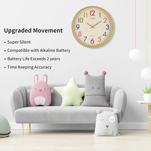 Foxtop Silent Kids Wall Clock Non-Ticking Battery Operated Colorful Childrens Clock for Classroom Playroom Nursery Bedrooms Kids Room (3D Numbers, 12 inch) in Kuwait