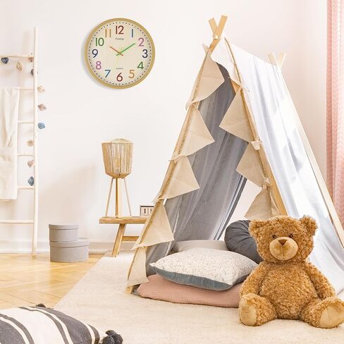 Foxtop Silent Kids Wall Clock Non-Ticking Battery Operated Colorful Childrens Clock for Classroom Playroom Nursery Bedrooms Kids Room (3D Numbers, 12 inch) in Kuwait