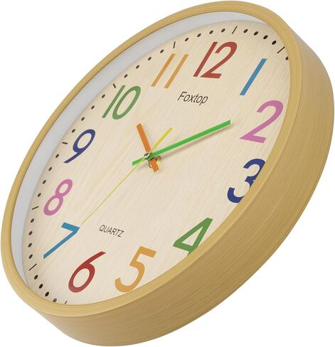Foxtop Silent Kids Wall Clock Non-Ticking Battery Operated Colorful Childrens Clock for Classroom Playroom Nursery Bedrooms Kids Room (3D Numbers, 12 inch) in Kuwait
