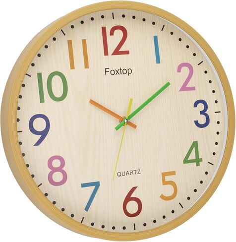 Foxtop Silent Kids Wall Clock Non-Ticking Battery Operated Colorful Childrens Clock for Classroom Playroom Nursery Bedrooms Kids Room (3D Numbers, 12 inch) in Kuwait