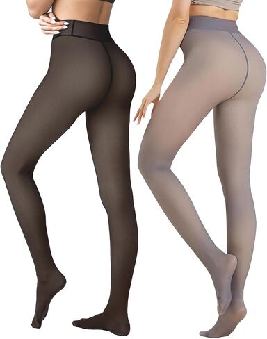 2 Pairs Women Fleece Lined Tights-Fake Translucent Leggings High Waist Pantyhose Sheer Thick Warm Tights For Women in Saudi Arabia