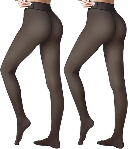2 Pairs Women Fleece Lined Tights-Fake Translucent Leggings High Waist Pantyhose Sheer Thick Warm Tights For Women in Saudi Arabia