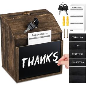 AFOROEOA Wood Suggestion Box with Lock 6 Chalkboard 100 Suggestion Cards Tip Jar Donation Wall Mountable Donation Lock Box Collection Box Ballot Box for Suggestion Ballot Tip Comment, 8x7x6Inches
