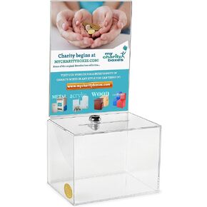 Acrylic Charity Donation Ballot box Fundraising Coin collection Tip box 6.5" x 5" x 5" office Suggestion Box Piggy Bank ticket box with large 8.5" x 6.5" Display area with lock and keys