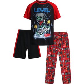 Quad Seven Boys' Pajama Set - 3 Piece Sleep Shirt, Pajama Pants, and Lounge Shorts (8-18)