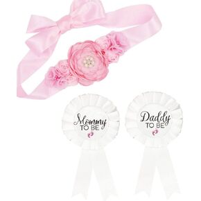 CoolerthingsDG, 3pcs 2 badges white and a Belly Belt Pink, Baby Pink Maternity Sash & Daddy to Be Corsage Set - Baby Shower Sash Baby Girl Pregnancy Sash Keepsake Baby Shower Flower Belly Belt