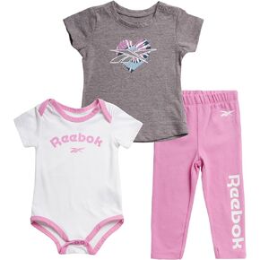 Reebok Baby Girls Clothing Set - 3 Piece Bodysuit, T-Shirt, Leggings Set - Newborn Essentials Clothing for Infants (0-9M)