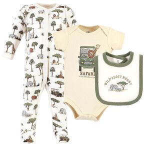 Hudson Baby Unisex Baby Cotton Sleep and Play, Bodysuit and Bandana Bib Set, Going On Safari, 0-3 Months