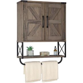 RUSTOWN Farmhouse Medicine Cabinet with 2 Barn Door, Wood Wall Mounted Storage Cabinet with Adjustable Shelf and Towel Bar, 3-Tier Bathroom Cabinet for Bathroom, Living Room(Vintage White, Medium)