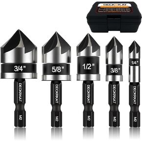 5 Pcs Countersink Drill Bit Set, 82 Degree, 5Flute with 1/4" Quick Change Hex Shank, Sizes 1/4" to 3/4" for Metal, Wood & Plastic, Ideal for Carpentry, Metalwork, Plastic Fabrication in Saudi Arabia