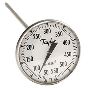 Taylor 6220J 2" Dial Bi-Metal Test Thermometer, 8" Stem, 50F/550F, 1% Accy
