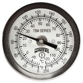 Winters TBM Series Stainless Steel 304 Dual Scale Bi-Metal Thermometer, 4" Stem, 1/4" NPT Fixed Center Back Mount Connection, 2" Dial, 0-250 F/C Range