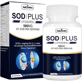 Superoxide Dismutase Supplement 500mg - SOD Plus with liposomal glutathione, AKG, Green Tea Extract, L-Arginine, Lysine, Resveratrol and Vitamin E for Immune Support, Antioxidant 60 Capsules