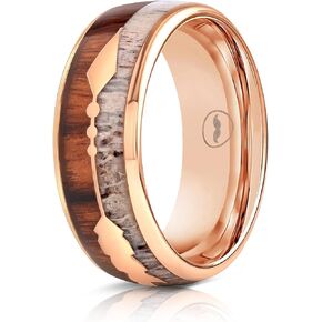 Men's Rose Gold Tungsten Carbide Wedding Band- Premium Tungsten Ring With Deer Antler, Koa Wood & Gold Arrow Inlay - Includes Silicon Band, Leather Drawstring Pouch & Luxury Walnut Ring Box