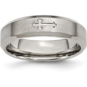 Solid Titanium Cross Design 6mm Beveled Edge Wedding Brushed Matte Finish Band Ring