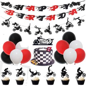 60 Pieces Dirt Bike Birthday Decoration Dirt Bike Party Supplies Banner Cake Cupcake Topper for Motocross Themed Birthday Party Man or Boy Riding Room Wall Decoration Motorcycle Birthday Decoration